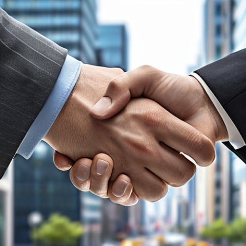 "Two companies shaking hands, symbolizing a strategic partnership, with a blurred background showcasing city expansion and growth."