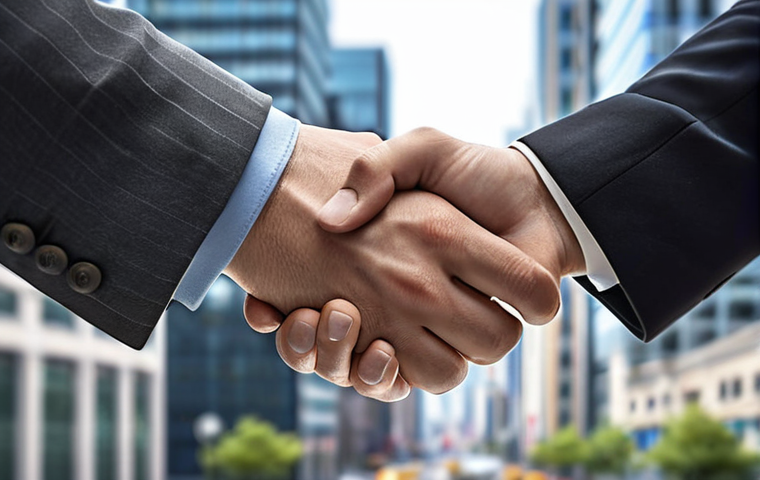 "Two companies shaking hands, symbolizing a strategic partnership, with a blurred background showcasing city expansion and growth."
