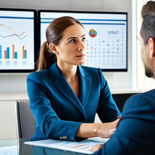 A professional female financial consultant in a modest business suit, seated at a modern conference table, engaging in a focused discussion with a male business executive, also in professional attire. The sleek, well-lit office meeting room features large digital displays showing financial charts and data in the background. The consultant is gesturing towards a tablet with financial projections, while the executive listens attentively, leaning slightly forward. Their interaction conveys clear communication and strategic planning. Professional photography, high detail, realistic, perfect anatomy, correct proportions, natural pose, well-formed hands, proper finger count, natural body proportions, fully clothed, appropriate attire, modest clothing, safe for work, appropriate content, professional, family-friendly.