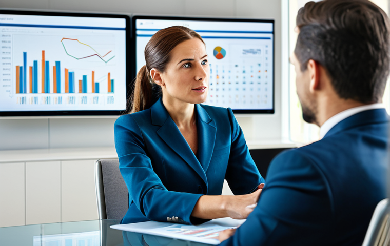 A professional female financial consultant in a modest business suit, seated at a modern conference table, engaging in a focused discussion with a male business executive, also in professional attire. The sleek, well-lit office meeting room features large digital displays showing financial charts and data in the background. The consultant is gesturing towards a tablet with financial projections, while the executive listens attentively, leaning slightly forward. Their interaction conveys clear communication and strategic planning. Professional photography, high detail, realistic, perfect anatomy, correct proportions, natural pose, well-formed hands, proper finger count, natural body proportions, fully clothed, appropriate attire, modest clothing, safe for work, appropriate content, professional, family-friendly.