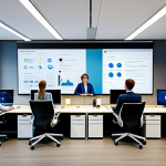 A diverse team of professionals, including men and women, collaboratively working in a modern, brightly lit hybrid office environment. One person is on a video call on a large screen, while others are at ergonomic workstations, engaged with cloud-based software and digital documents. The atmosphere is productive and innovative, showcasing efficient, flexible work. All subjects are fully clothed in modest business casual attire, appropriate for a professional setting, safe for work, and family-friendly. Perfect anatomy, correct proportions, natural pose, well-formed hands, proper finger count, natural body proportions, professional photography, high quality.